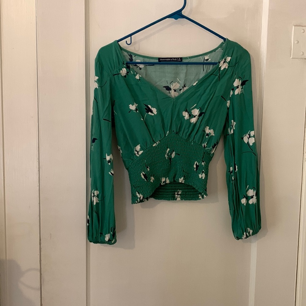 Small, green floral, long sleeve crop top